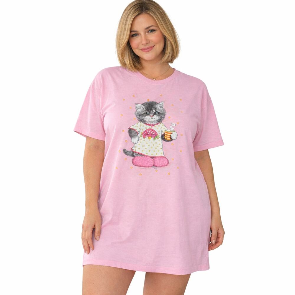 Vintage Avon Kitty Cat Pink Sleep Shirt Size Super Mom 100% Cotton USA Fits S-L